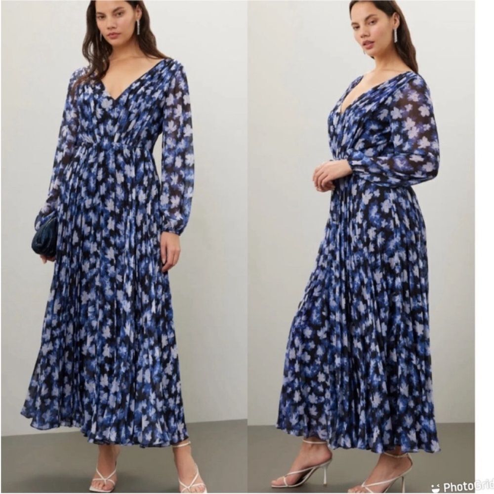 Monique Lhullier Blue Floral Chiffon Long Sleeve Melanie Dress| 14